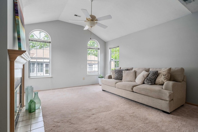 1272 Villa Oaks Ct, Columbus, OH 43230 - living room with light colored carpet, a ceiling fan, and lofted ceiling