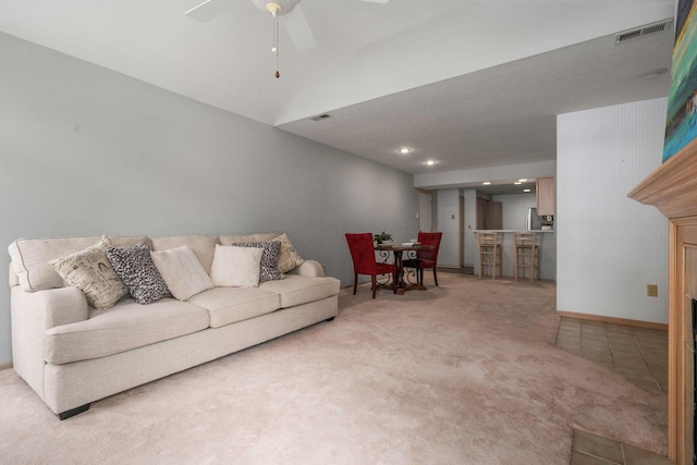 1272 Villa Oaks Ct, Columbus, OH 43230 - living area featuring carpet floors, a ceiling fan, baseboards, and lofted ceiling