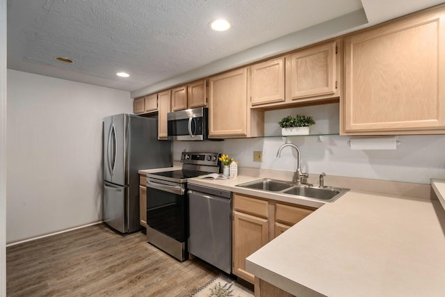 1272 Villa Oaks Ct, Columbus, OH 43230 - kitchen featuring appliances with stainless steel finishes, a sink, light brown cabinetry, light wood-type flooring, and recessed lighting