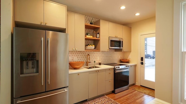 236 E 4th Ave, Columbus, OH 43201 - kitchen featuring appliances with stainless steel finishes, a sink, open shelves, light wood-type flooring, and decorative backsplash