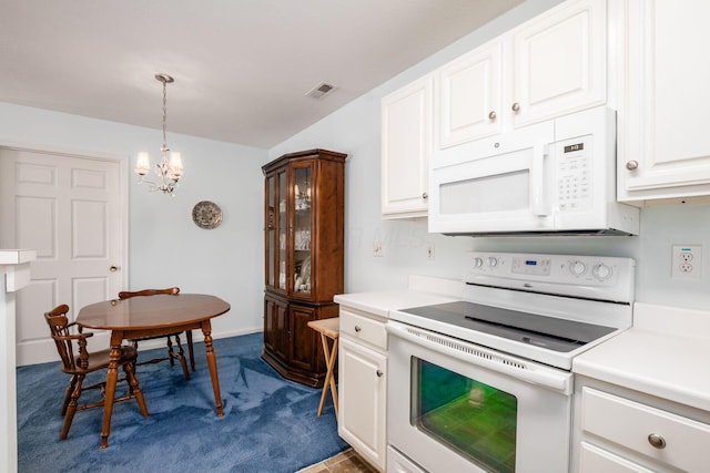 2412 Warm Springs Dr, Hilliard, OH 43026 - kitchen featuring white appliances, dark carpet, a chandelier, white cabinets, and light countertops