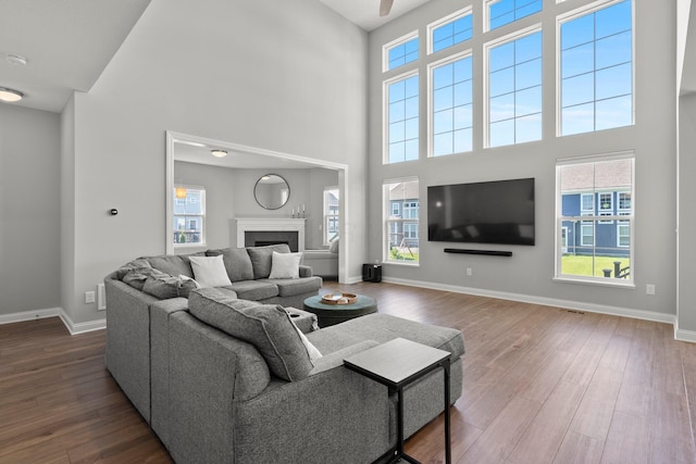 living room featuring plenty of natural light, a high ceiling, wood finished floors, and baseboards