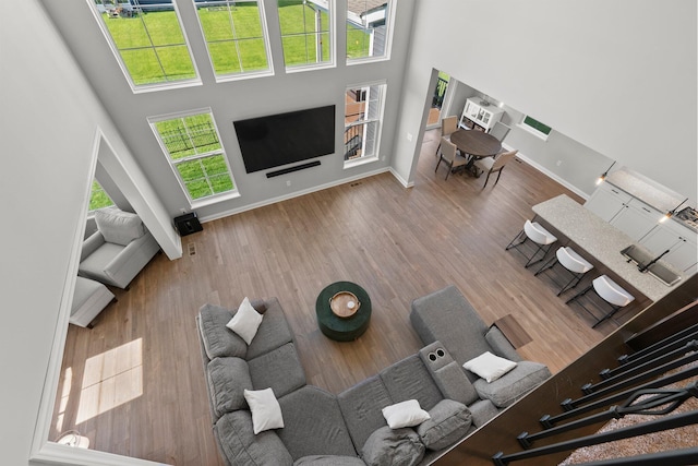 living room featuring baseboards, a towering ceiling, and wood finished floors