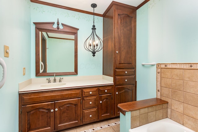 26976 Jackson Rd, Circleville, OH 43113 - full bath with a tub, vanity, tile patterned flooring, and ornamental molding