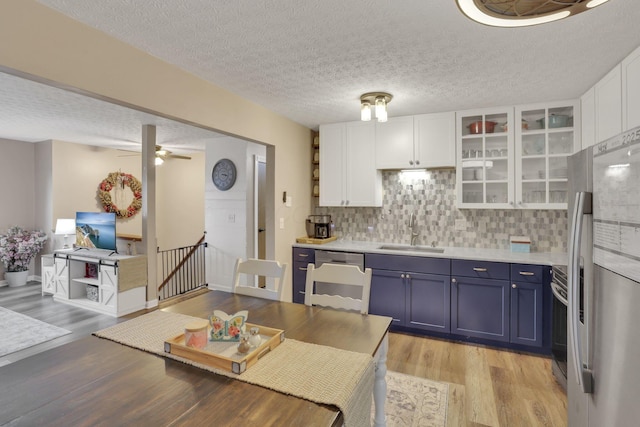 4292 Nipigon Dr, Columbus, OH 43207 - kitchen featuring appliances with stainless steel finishes, a sink, blue cabinetry, white cabinetry, and light countertops