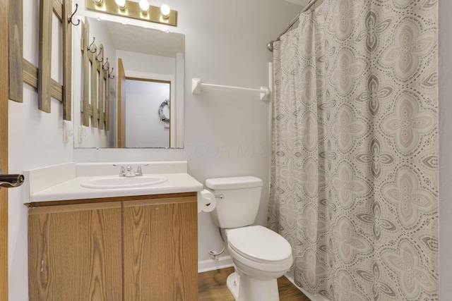 4292 Nipigon Dr, Columbus, OH 43207 - full bathroom featuring toilet, vanity, a shower with shower curtain, and wood finished floors