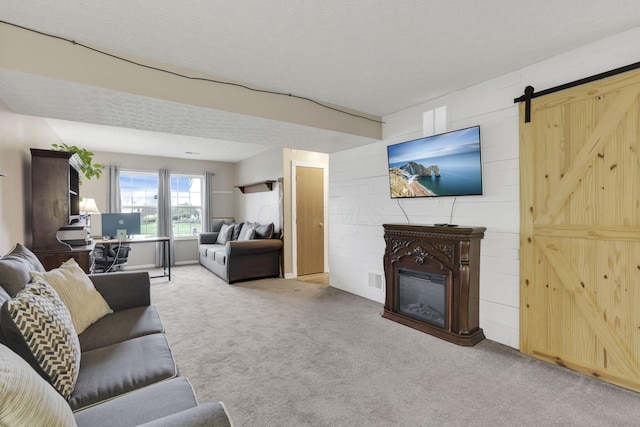 4292 Nipigon Dr, Columbus, OH 43207 - living room with carpet floors, a glass covered fireplace, and a barn door