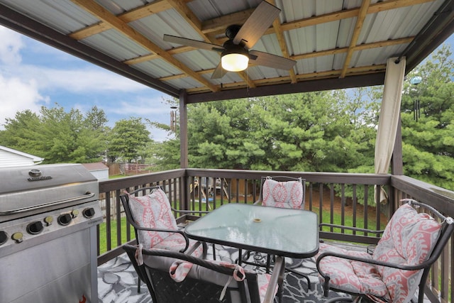 4292 Nipigon Dr, Columbus, OH 43207 - wooden deck featuring outdoor dining area, a ceiling fan, a grill, and view of wooded area