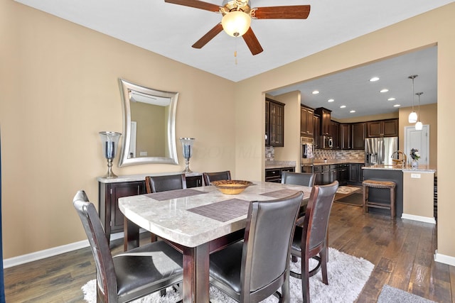 700 Ferguson Ave, Delaware, OH 43015 - dining space featuring dark wood-style flooring, baseboards, a ceiling fan, and recessed lighting