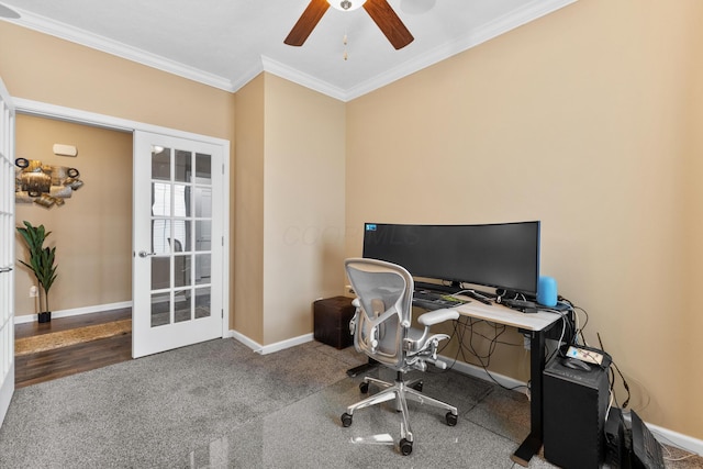 700 Ferguson Ave, Delaware, OH 43015 - office space with ornamental molding, baseboards, ceiling fan, french doors, and carpet