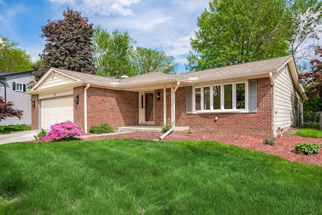 ranch-style home featuring an attached garage, brick siding, a front yard, driveway, and roof with shingles