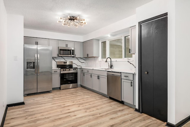kitchen featuring appliances with stainless steel finishes, gray cabinetry, a sink, light wood-style floors, and a textured ceiling