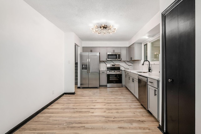 kitchen featuring appliances with stainless steel finishes, a sink, gray cabinetry, light countertops, and light wood-style floors