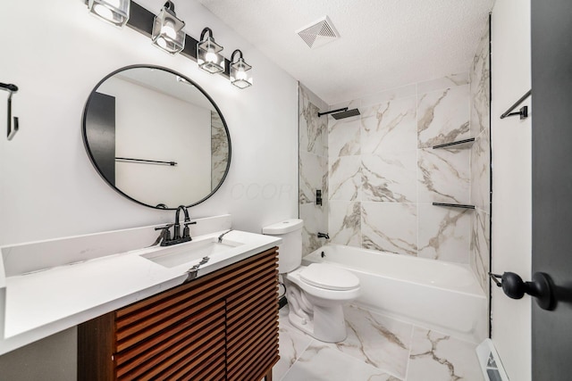 bathroom with marble finish flooring, toilet, vanity, tub / shower combination, and a textured ceiling