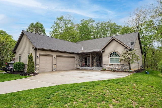 ranch-style house with a garage, stone siding, a front lawn, and driveway