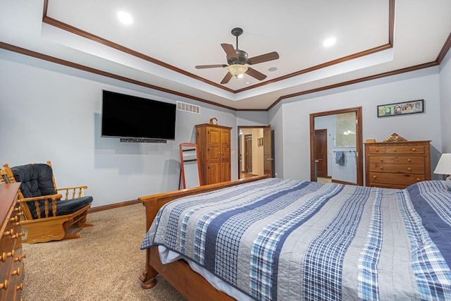carpeted bedroom featuring a raised ceiling, ornamental molding, baseboards, ceiling fan, and recessed lighting