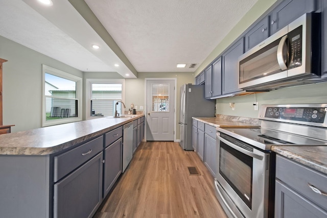 6810 Barrett Rd, Geneva, OH 44041 - kitchen featuring appliances with stainless steel finishes, a peninsula, light wood-style flooring, gray cabinets, and recessed lighting
