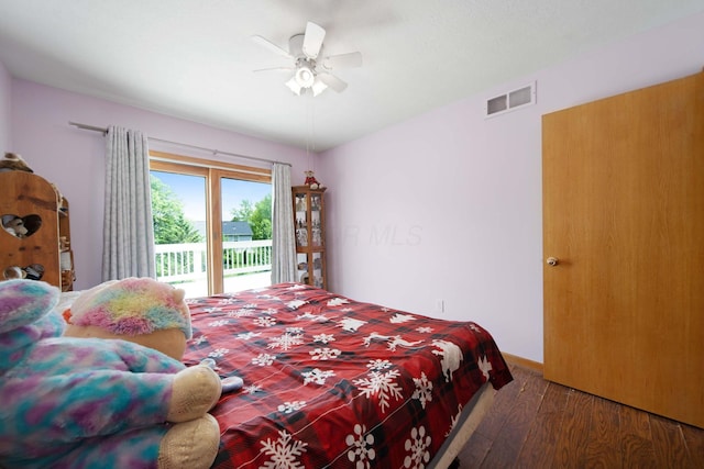 134 Hasbrouck Cir, Howard, OH 43028 - bedroom with access to exterior, hardwood / wood-style floors, ceiling fan, and baseboards