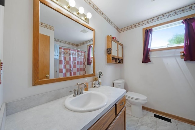 134 Hasbrouck Cir, Howard, OH 43028 - bathroom featuring toilet, vanity, marble finish flooring, and a shower with shower curtain