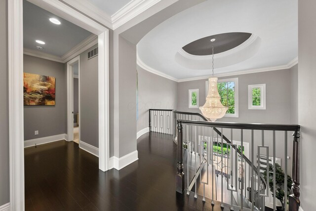 7347 Lambton Park Rd, New Albany, OH 43054 - corridor with baseboards, wood finished floors, an upstairs landing, a tray ceiling, and recessed lighting