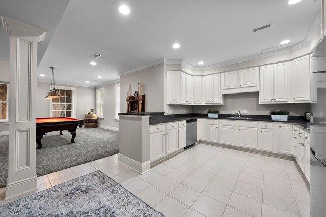 7347 Lambton Park Rd, New Albany, OH 43054 - kitchen featuring a sink, recessed lighting, light carpet, ornamental molding, and pool table