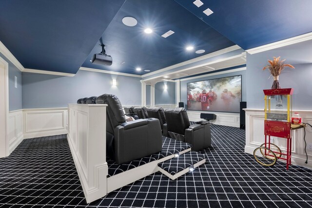 7347 Lambton Park Rd, New Albany, OH 43054 - home theater room with dark carpet, a decorative wall, ornamental molding, a wainscoted wall, and recessed lighting