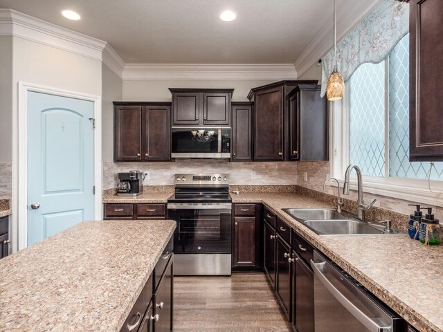 9035 Strawser St, Orient, OH 43146 - kitchen featuring stainless steel appliances, a sink, dark brown cabinets, wood finished floors, and crown molding