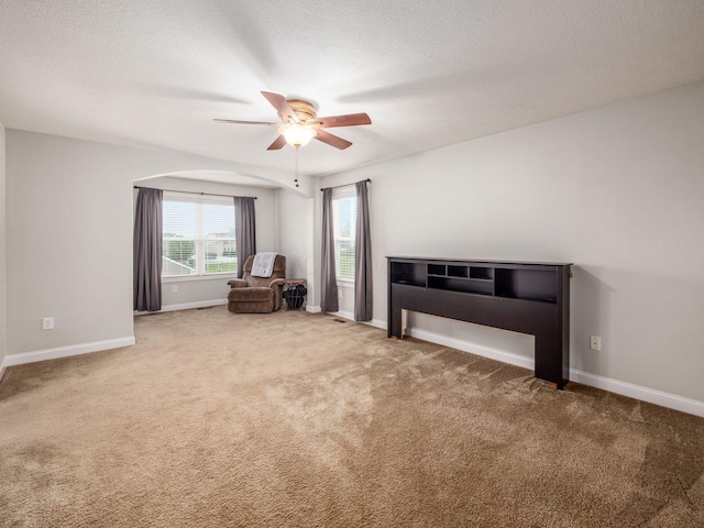 9035 Strawser St, Orient, OH 43146 - unfurnished room with ceiling fan, carpet, baseboards, arched walkways, and a textured ceiling