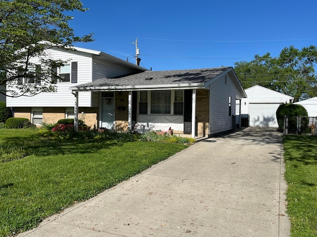 81 Fieldpoint Rd, Heath, OH 43056 - split level home with a front lawn, a garage, an outdoor structure, covered porch, and brick siding