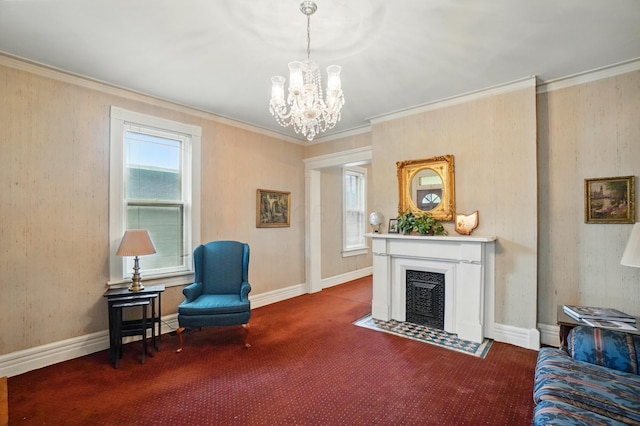 699 S Front St, Columbus, OH 43206 - sitting room featuring a chandelier, carpet, crown molding, a fireplace with flush hearth, and baseboards