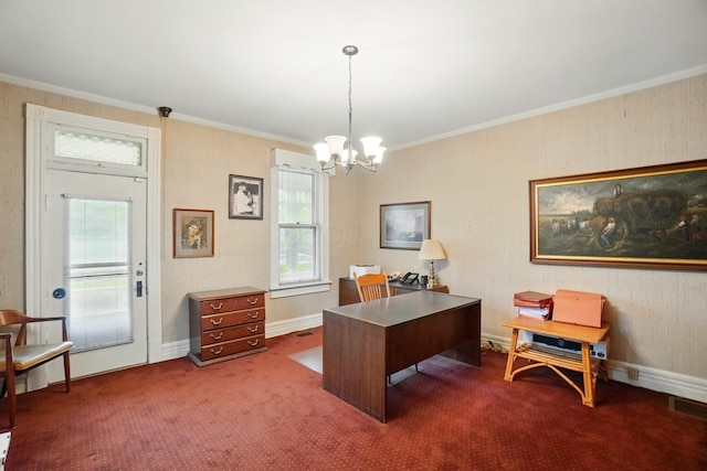 699 S Front St, Columbus, OH 43206 - carpeted office space with plenty of natural light, a chandelier, crown molding, and baseboards