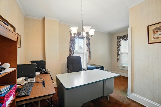 699 S Front St, Columbus, OH 43206 - office space featuring healthy amount of natural light, crown molding, a chandelier, baseboards, and dark colored carpet
