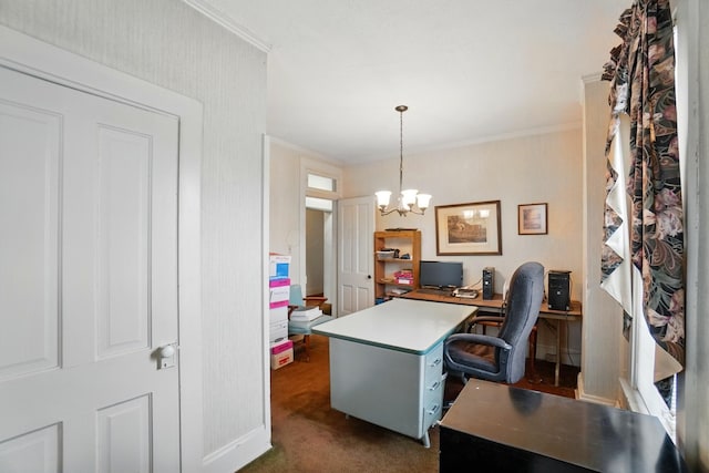 699 S Front St, Columbus, OH 43206 - office area featuring dark carpet, crown molding, and a chandelier