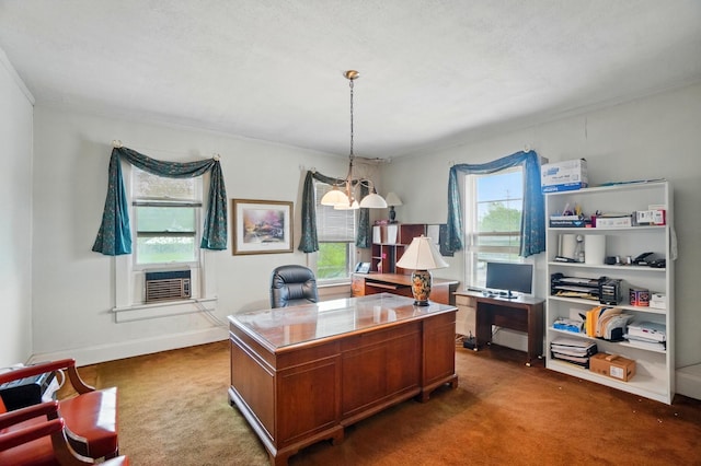 699 S Front St, Columbus, OH 43206 - home office with carpet flooring, cooling unit, crown molding, and a chandelier
