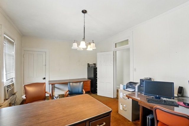 699 S Front St, Columbus, OH 43206 - office featuring a chandelier, dark carpet, and ornamental molding
