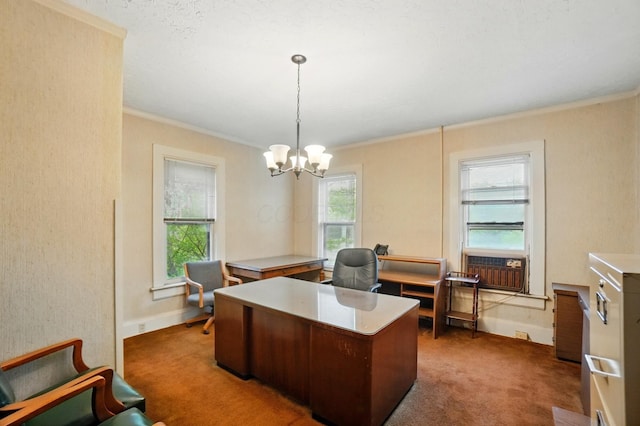 699 S Front St, Columbus, OH 43206 - office with light colored carpet, ornamental molding, a chandelier, and baseboards