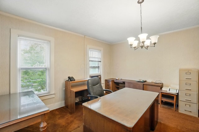 699 S Front St, Columbus, OH 43206 - carpeted office with ornamental molding, healthy amount of natural light, a chandelier, and baseboards