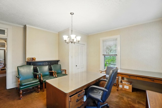 699 S Front St, Columbus, OH 43206 - home office featuring dark carpet, a chandelier, and crown molding