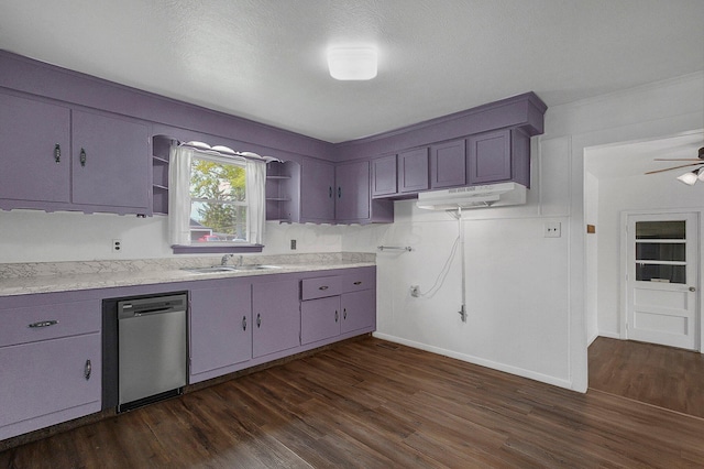 kitchen featuring stainless steel dishwasher, open shelves, a sink, dark wood-type flooring, and under cabinet range hood