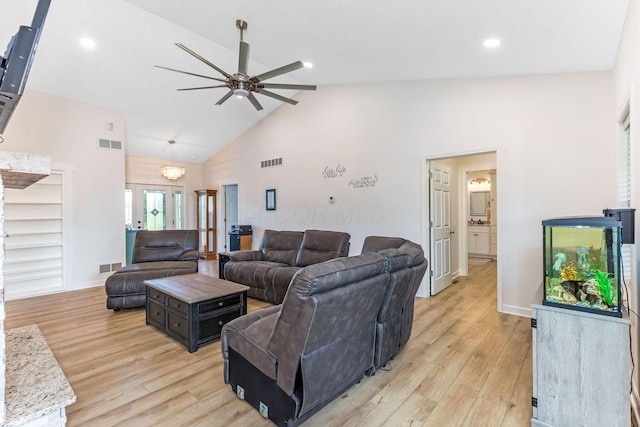 1885 Greenbriar Way, Nashport, OH 43830 - living room featuring ceiling fan, light wood-type flooring, high vaulted ceiling, baseboards, and recessed lighting