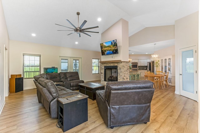 1885 Greenbriar Way, Nashport, OH 43830 - living room with ceiling fan, light wood-style flooring, high vaulted ceiling, plenty of natural light, and recessed lighting
