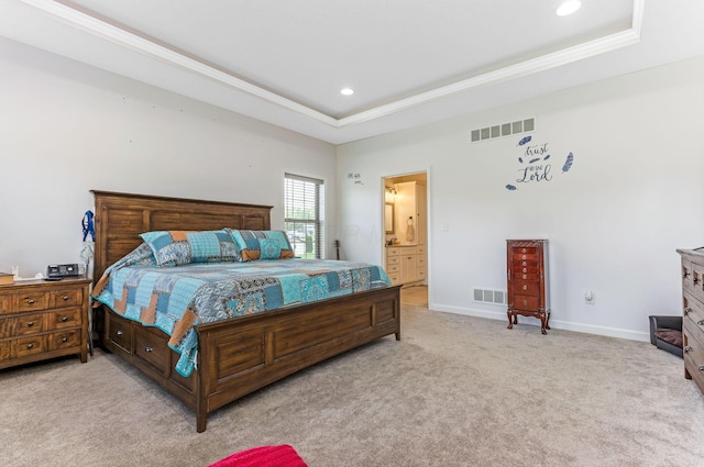 1885 Greenbriar Way, Nashport, OH 43830 - carpeted bedroom featuring a tray ceiling, baseboards, crown molding, recessed lighting, and ensuite bathroom