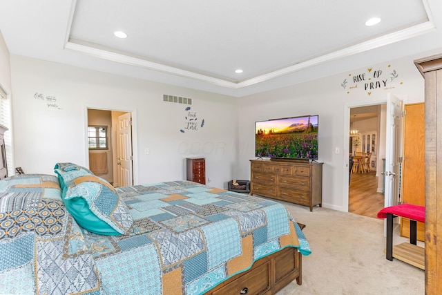 1885 Greenbriar Way, Nashport, OH 43830 - bedroom with a tray ceiling, crown molding, light carpet, and recessed lighting