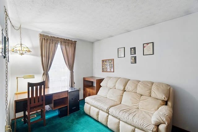 living room with dark colored carpet and a textured ceiling