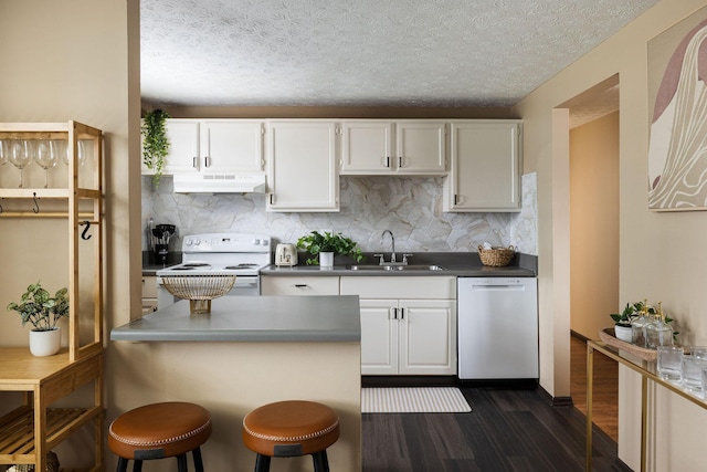 kitchen featuring dishwashing machine, white electric stove, under cabinet range hood, a sink, and dark wood-style floors