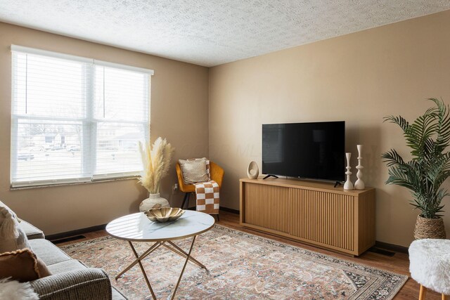 living area with wood finished floors, baseboards, and a textured ceiling