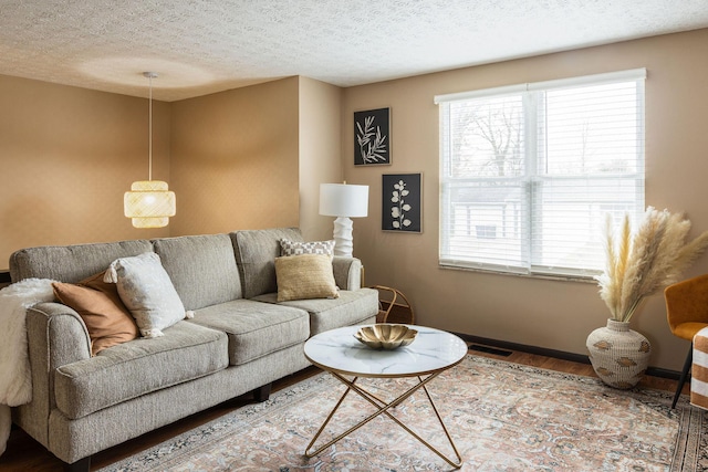 living area featuring wood finished floors, baseboards, and a textured ceiling