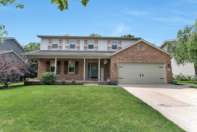 113 Bridgeport Way, Delaware, OH 43015 - view of front of home featuring brick siding, a garage, a porch, concrete driveway, and a front lawn
