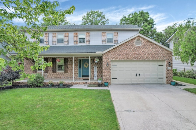 113 Bridgeport Way, Delaware, OH 43015 - traditional-style house featuring covered porch, a garage, a front lawn, brick siding, and concrete driveway