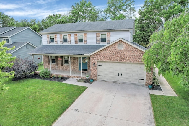 113 Bridgeport Way, Delaware, OH 43015 - traditional-style house with a porch, brick siding, driveway, an attached garage, and a front yard